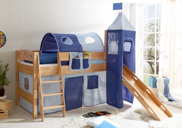 Rutschbett COLIN R Buche Natur inkl.Vorhang und Turm Blau