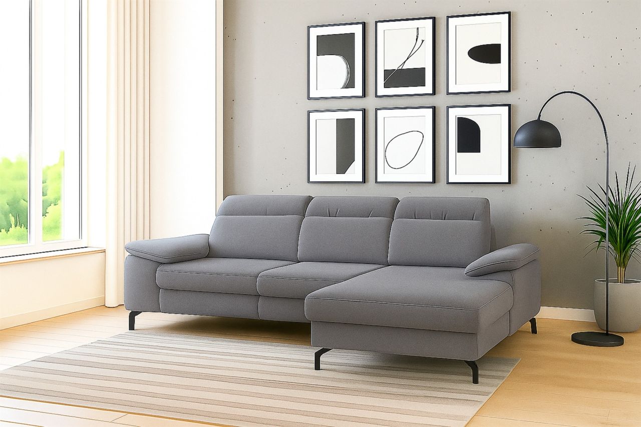 Ecksofa mit Schlaffunktion Sofa MARGIT in Stoff Alfa Grau Ottomane Rechts