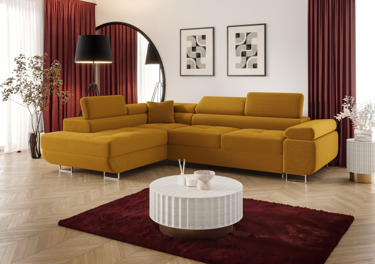Ecksofa Schlafsofa Sofa MONARO Stoff Poso Honiggelb Ottomane Links