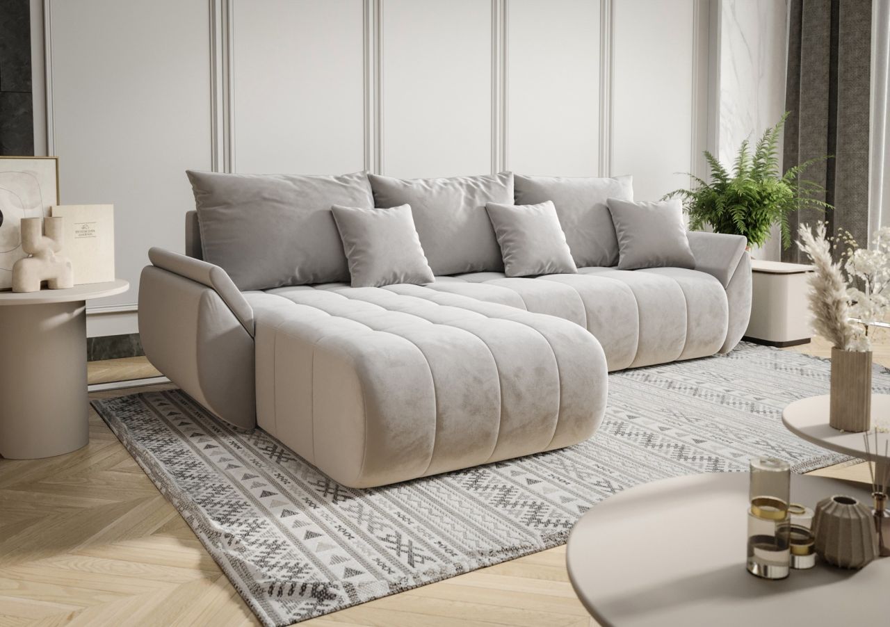 Ecksofa Schlafsofa AKITA Stoff Monolith Hellgrau Ottomane Links