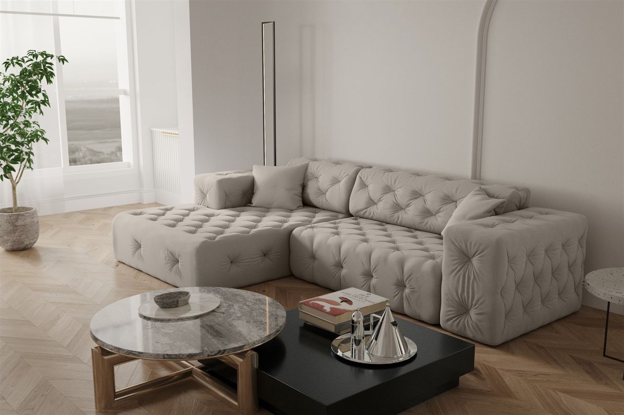 Ecksofa ersofa CHANTAL in Stoff Opera Velvet Cream Ottomane Links