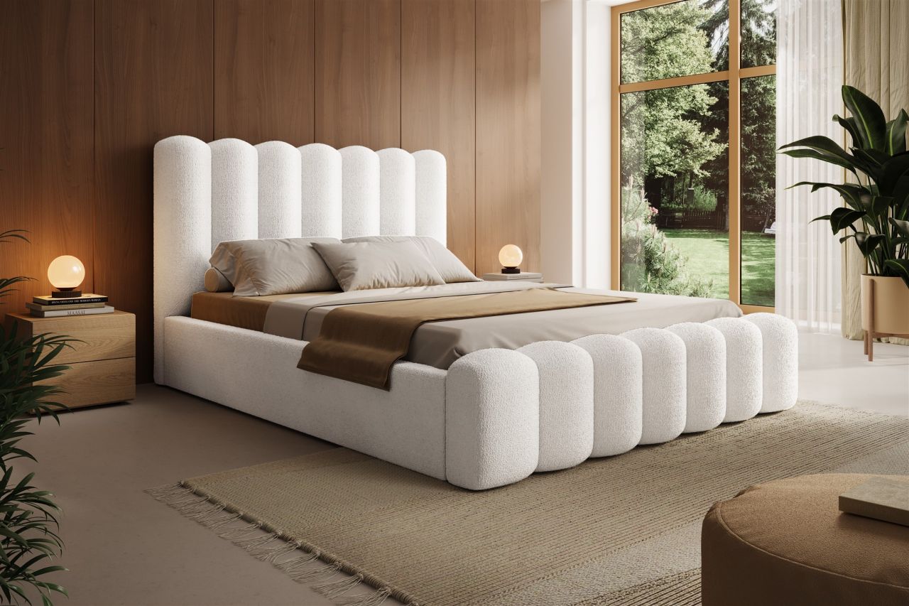 Polsterbett Bett MACON 140x200cm in Stoff Ascot Weiß / Speed
