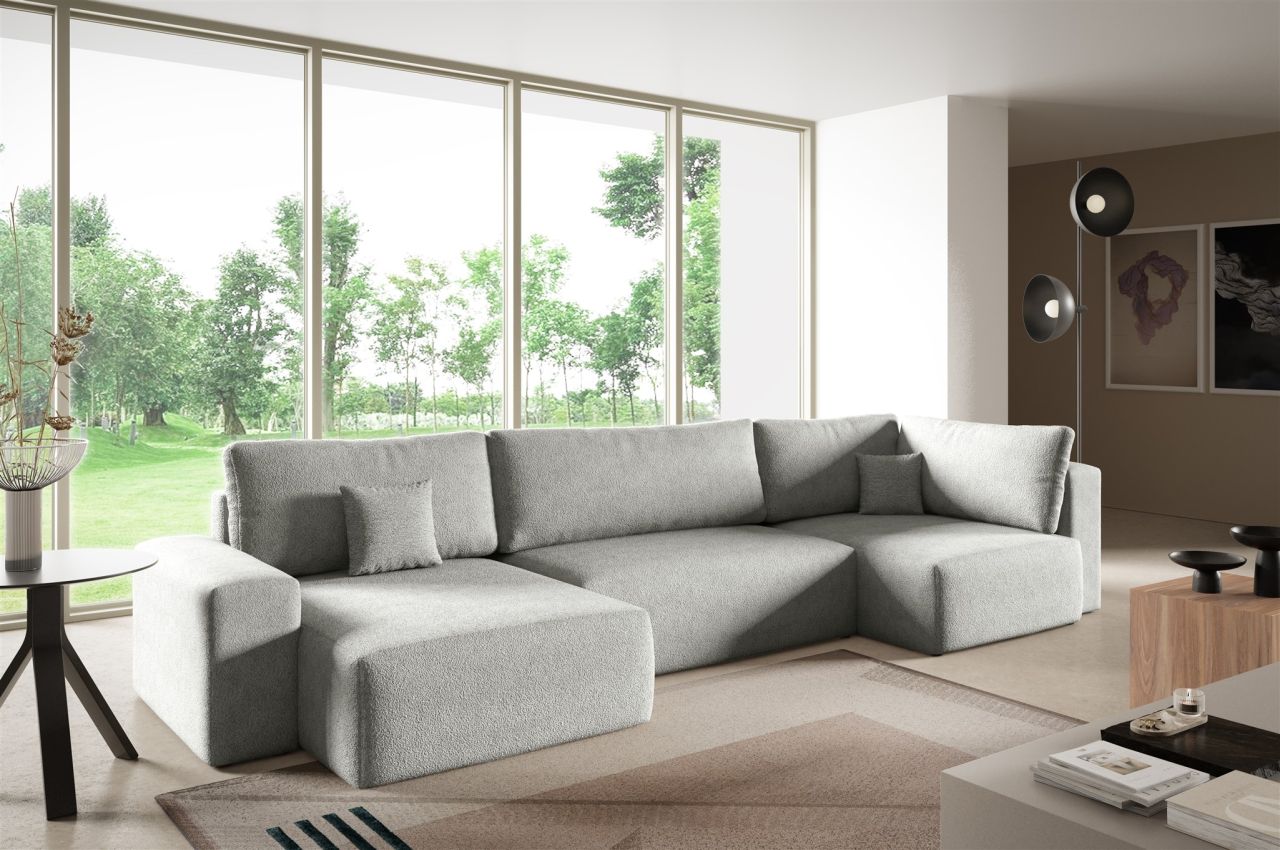 Wohnlandschaft mit Schlaffunktion ARONA XL Stoff Centaur Hellgrau Ottomane Links