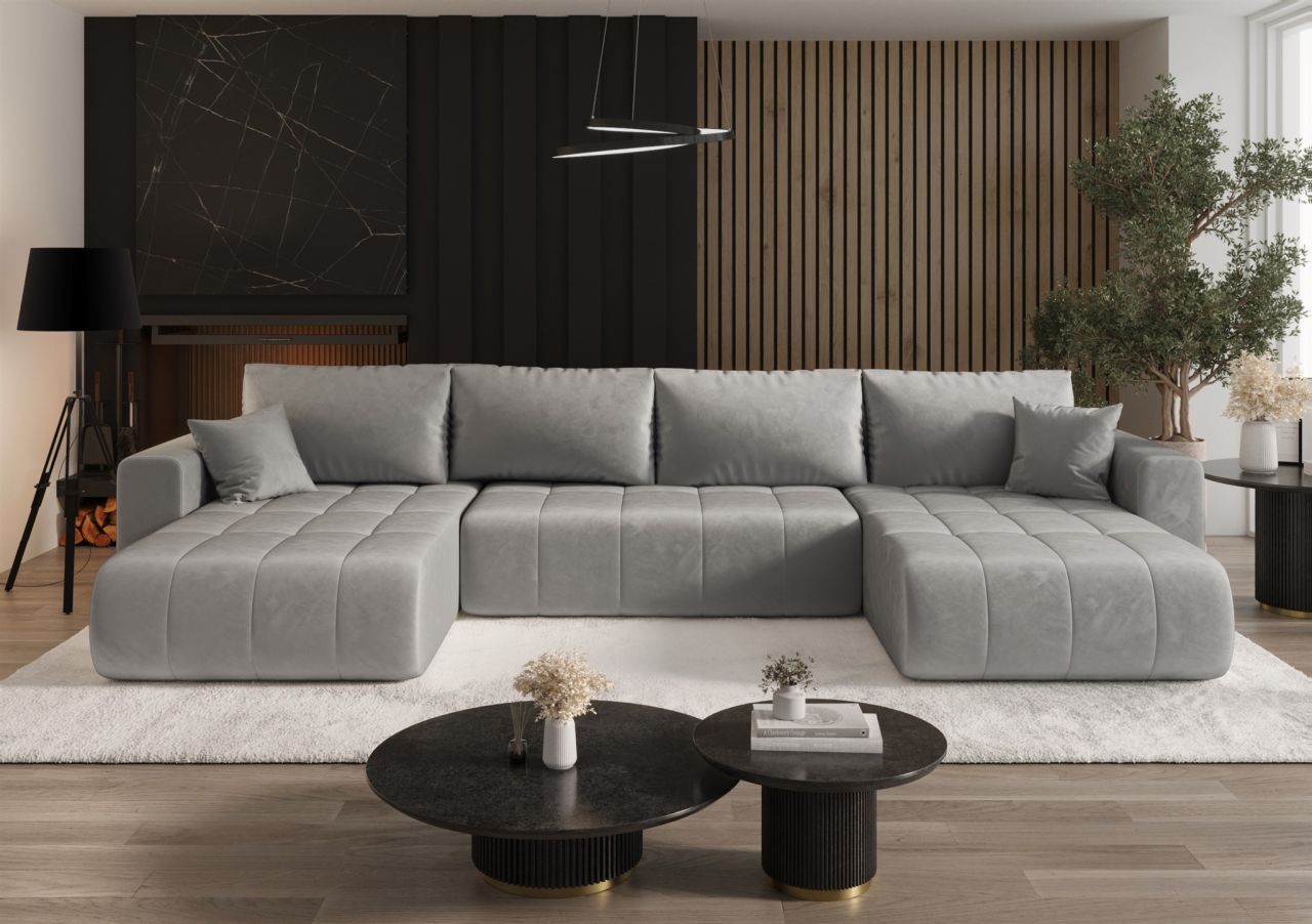 Wohnlandschaft Sofa mit Schlaffunktion CAMILA Stoff Monolith Hellgrau
