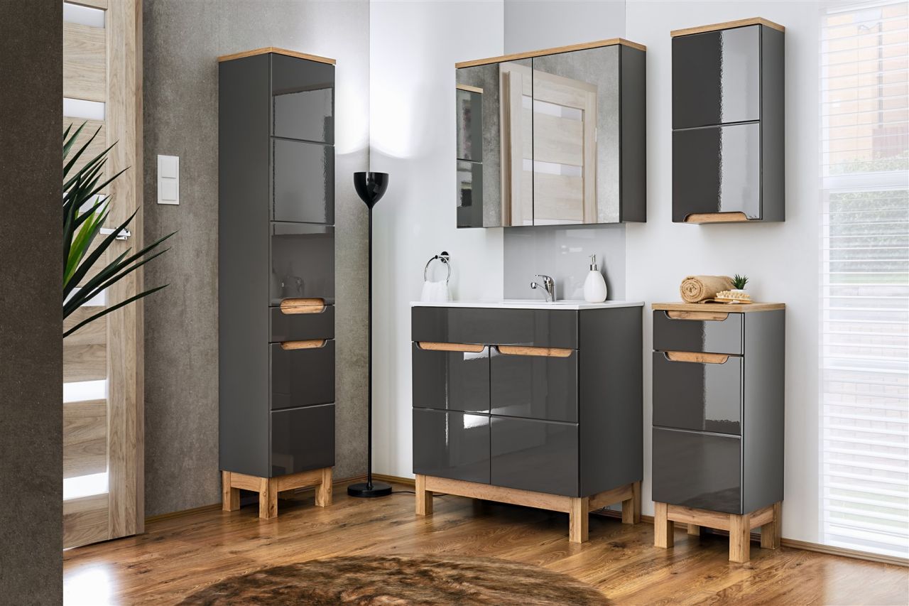Badmöbel Set 5-tlg Badezimmerset DEVI Grau HGL inkl.Waschtisch 80 cm