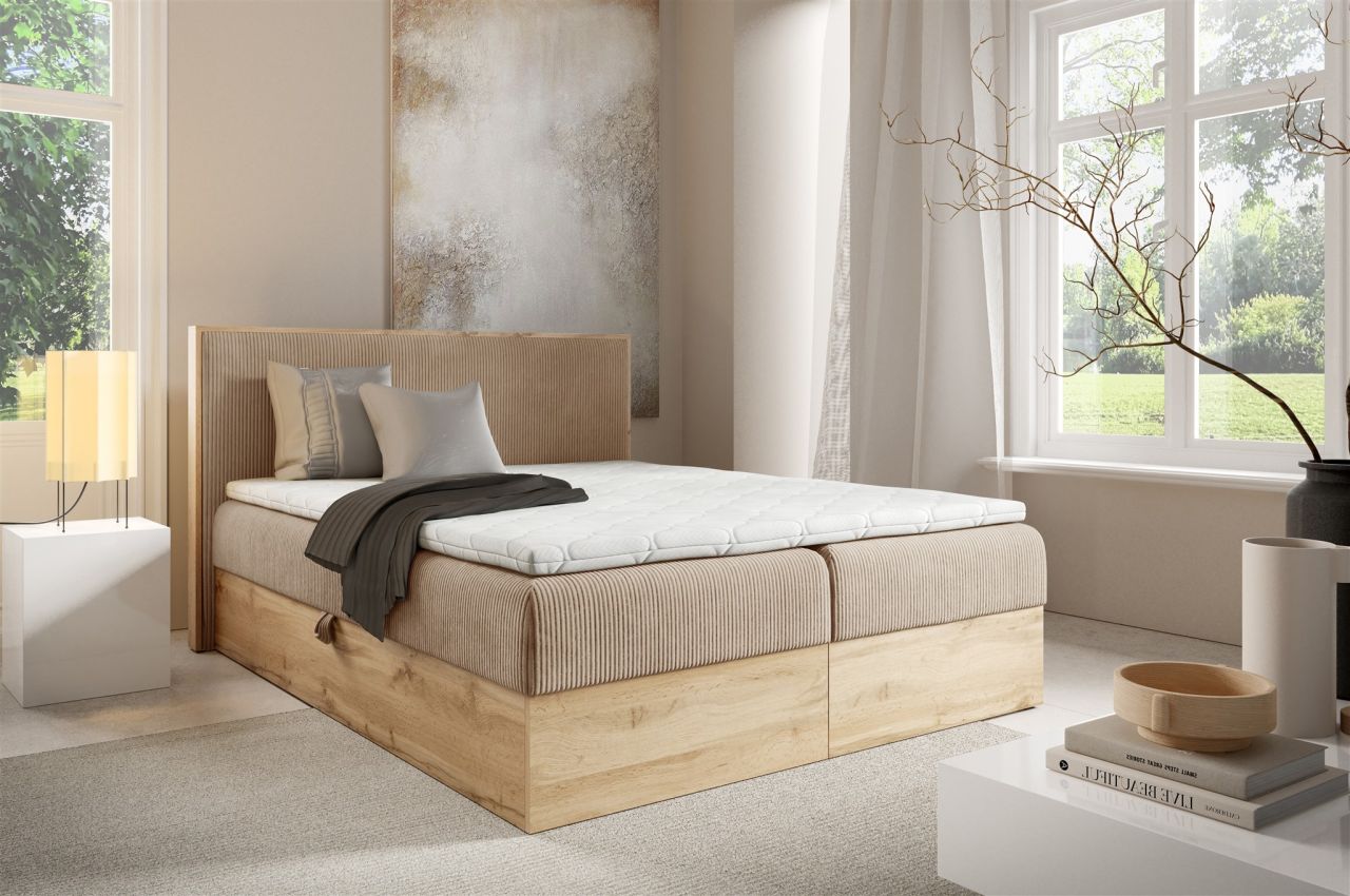 Boxspringbett Schlafzimmerbett ROLAND 140x220cm in Stoff Lincoln Hellbraun