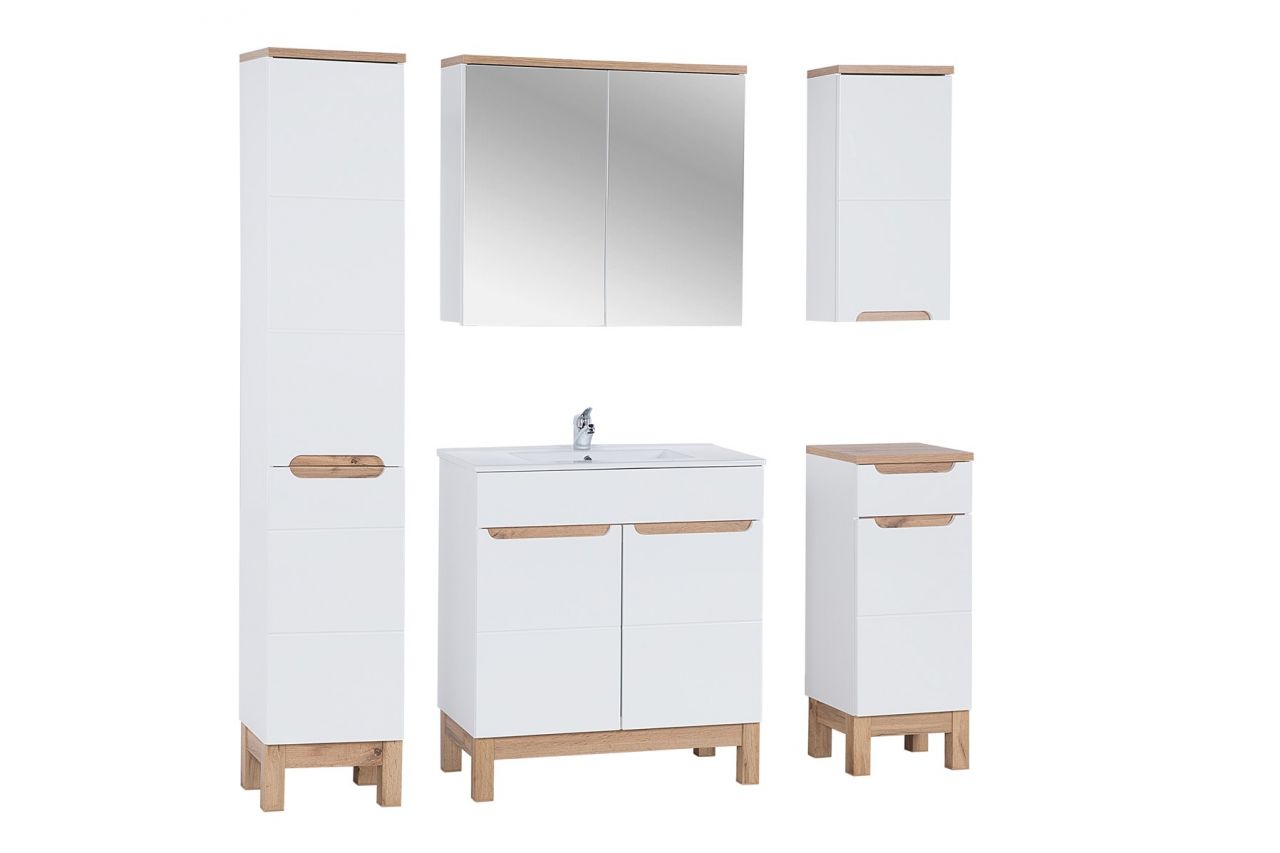 Badmöbel Set 5-tlg Badezimmerset DEVI Weiss HGL inkl.Waschtisch 80 cm