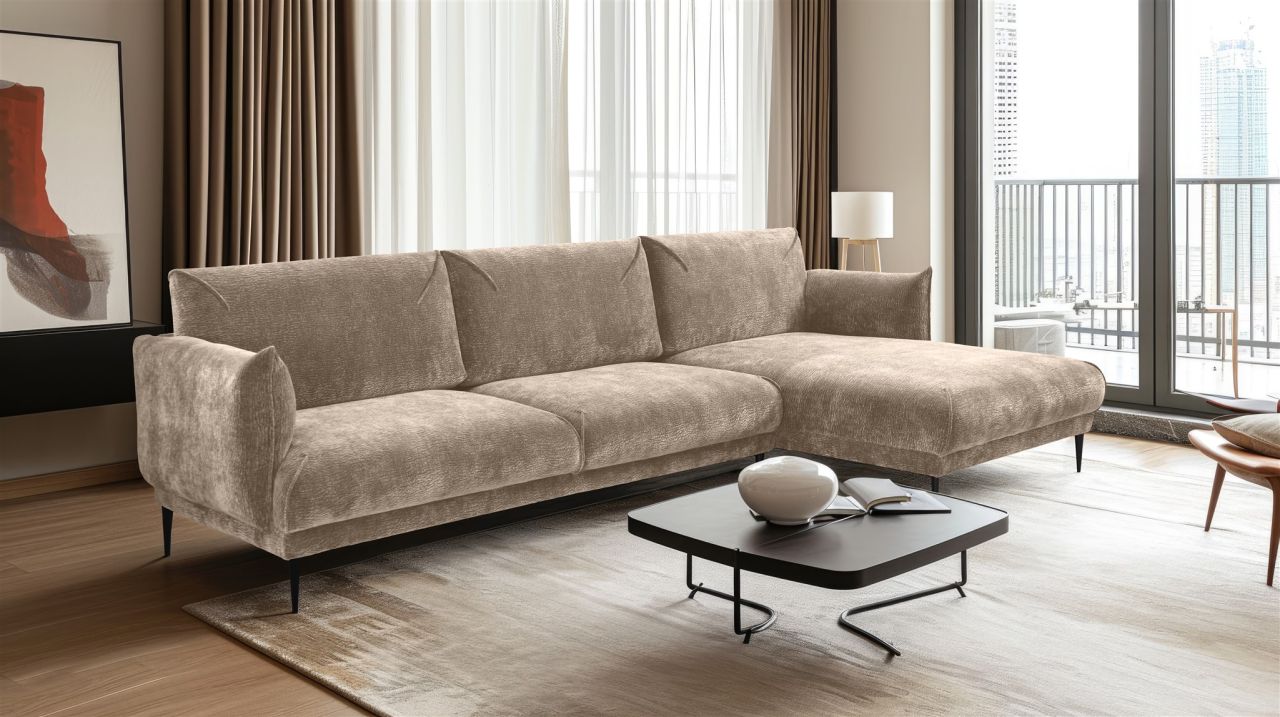 Ecksofa ersofa MADISON in Stoff Dress Me Beige Ottomane Rechts