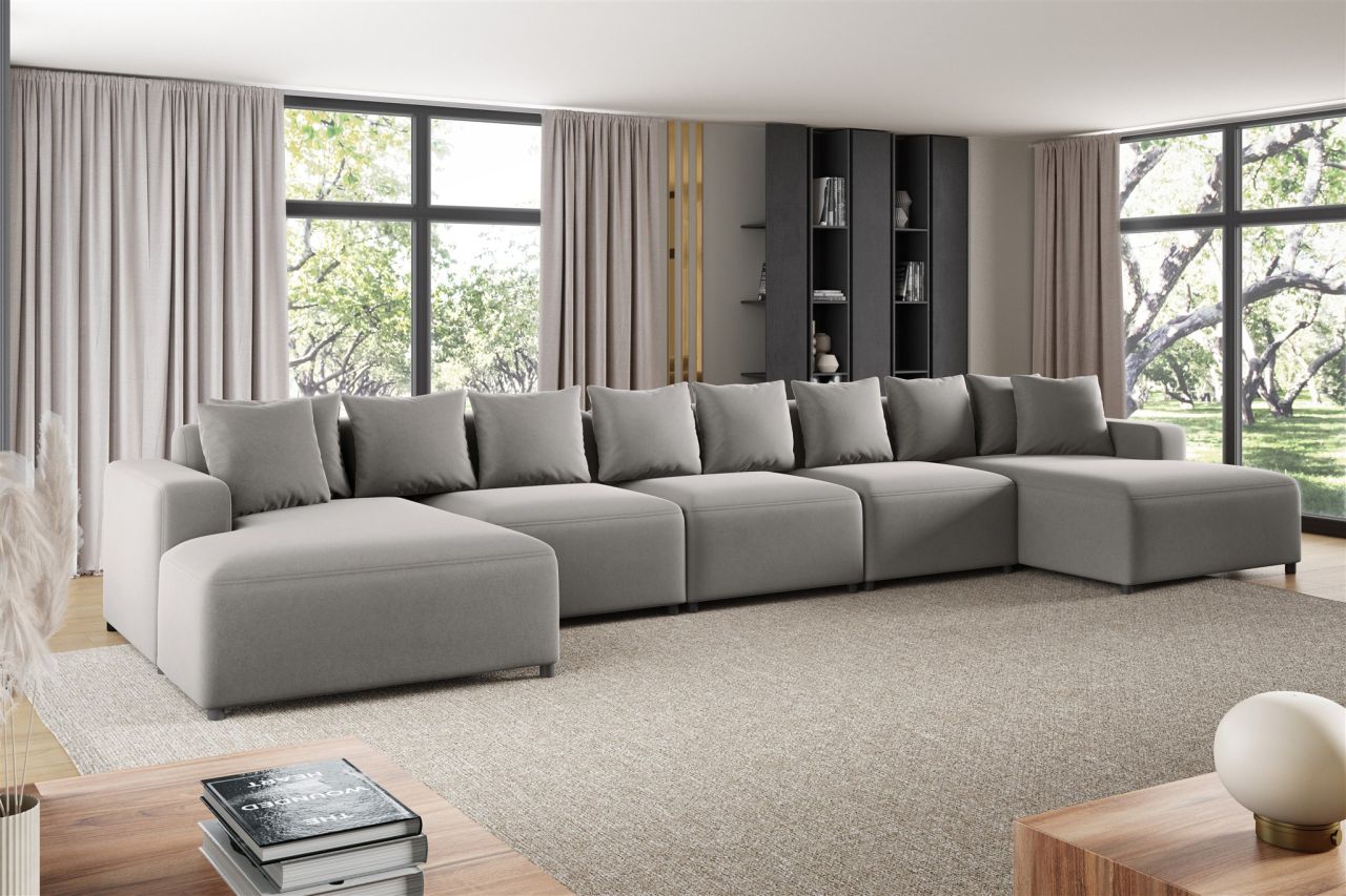 Wohnlandschaft Sofa U-Form ersofa MEGAN XL in Stoff Salvador Hellgrau