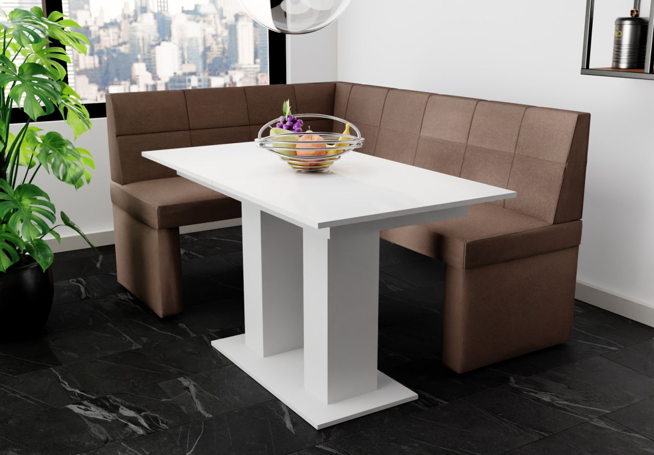 Eckbankgruppe 168x128 cm BLAKE R Stoff Soro Braun / Esstisch DANTE Weiß