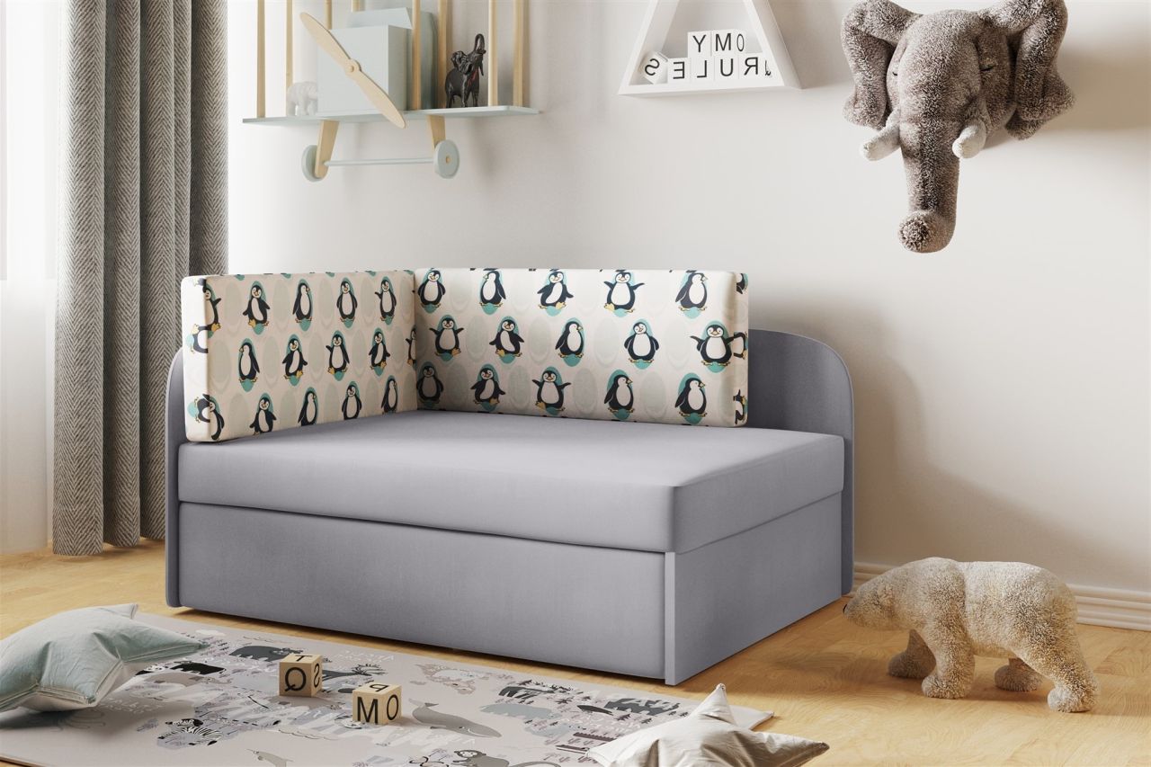 Sofa Kindersofa Schlafsofa inkl. Bettkasten MAILO Seite Rechts Stoff Grau-Pin...