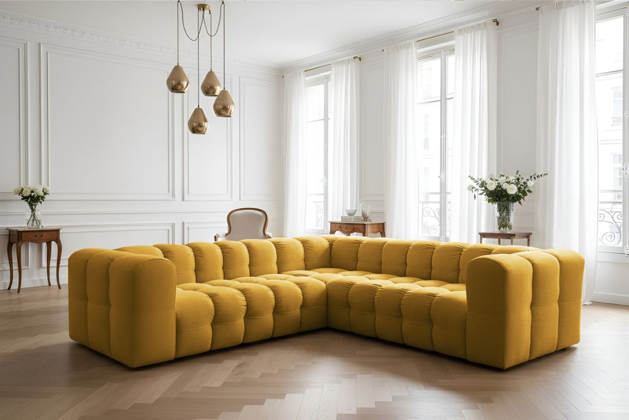 Ecksofa ersofa SOLVIE XS in Stoff Tiffani Honiggelb Seite Universal