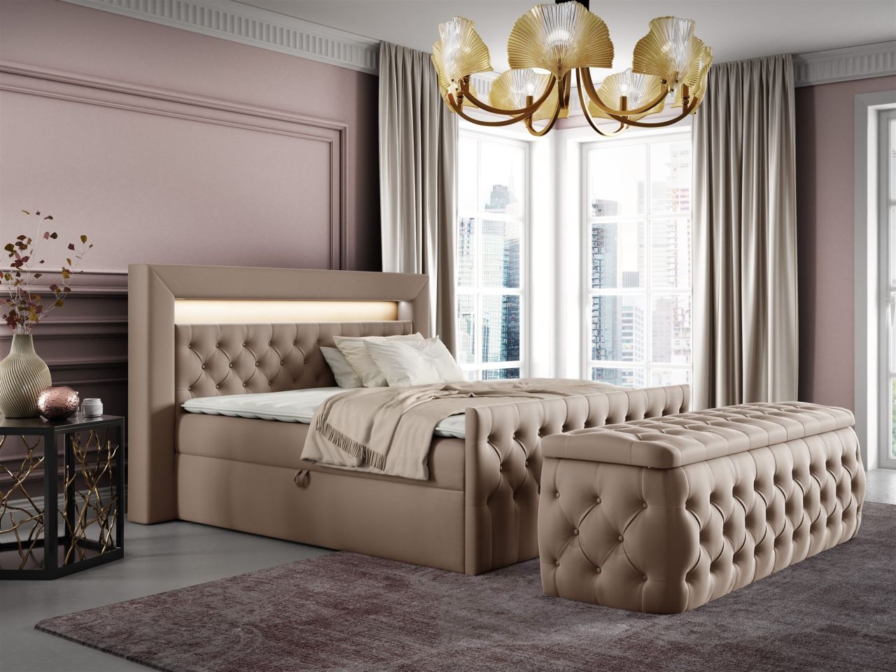 Boxspringbett Schlafzimmerbett ERNESTO Nr.3 140x200cm in Elisa Velvet Beige