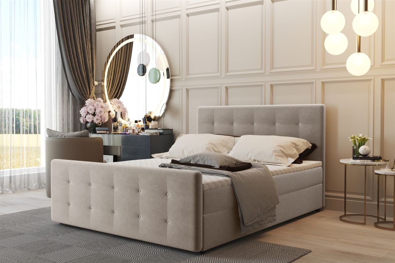 Boxspringbett Schlafzimmerbett CARLOS 200x200cm Stoff Soro Beige inkl.Bettkasten