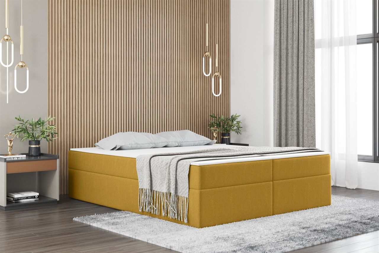 Boxspringbett Schlafzimmerbett PRIMA 140x200cm Stoff Gelb inkl. Bettkasten