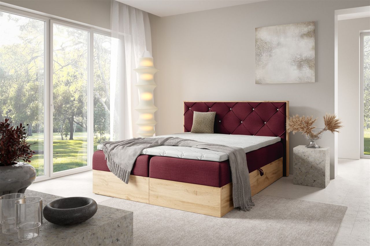 Boxspringbett Schlafzimmerbett HELIOS PREMIUM 200x220cm in Stoff Rouge Bordea...