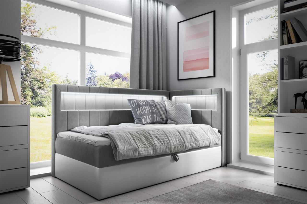 Boxspringbett Gästebett Kinderbett FABIAN Nr.3 90x200cm Weiss-Grau Seite Rechts