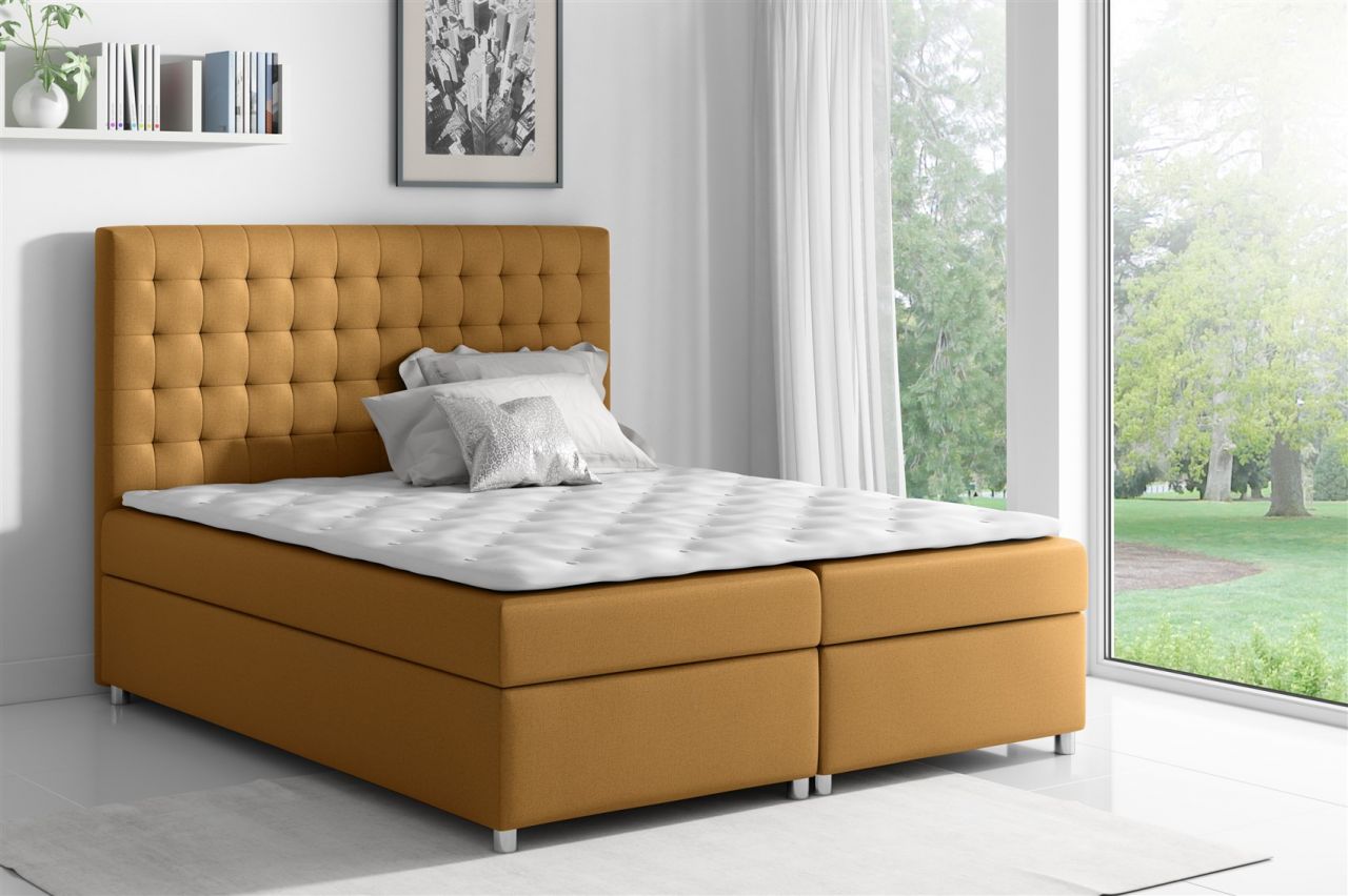 Boxspringbett Schlafzimmerbett CARIN Polyesterstoff Ockergelb 140x200cm