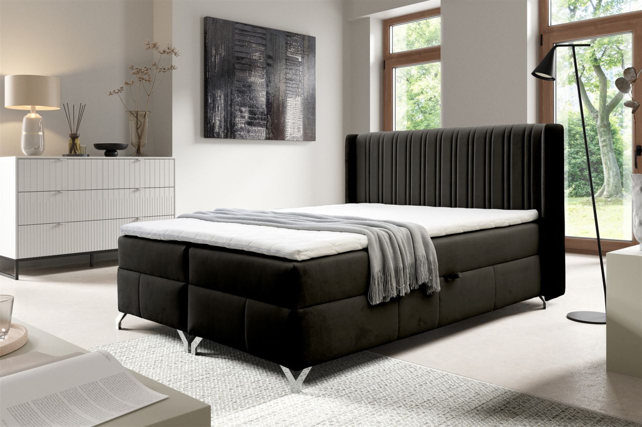 Boxspringbett Schlafzimmerbett DAMIEN 120x200cm Stoff Salvador Schwarz