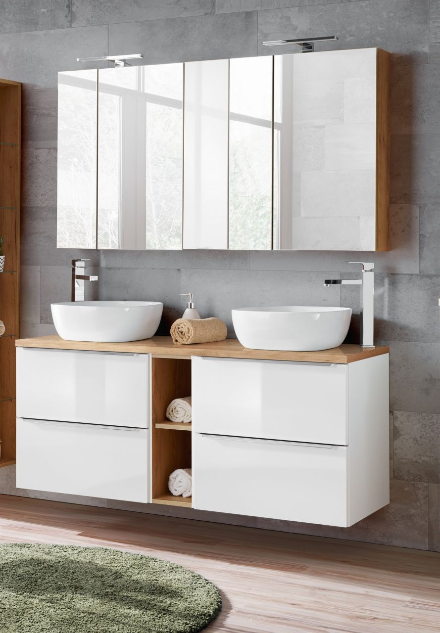 Badmöbel Set 9-tlg Badezimmerset PERUGIA Weiss HGL inkl.Waschbecken