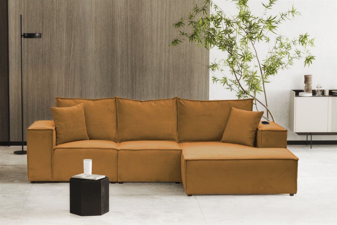 Ecksofa Sofa ALVARO inkl. QI Ladegerät Stoff Poso Senfgeld Ottomane Rechts