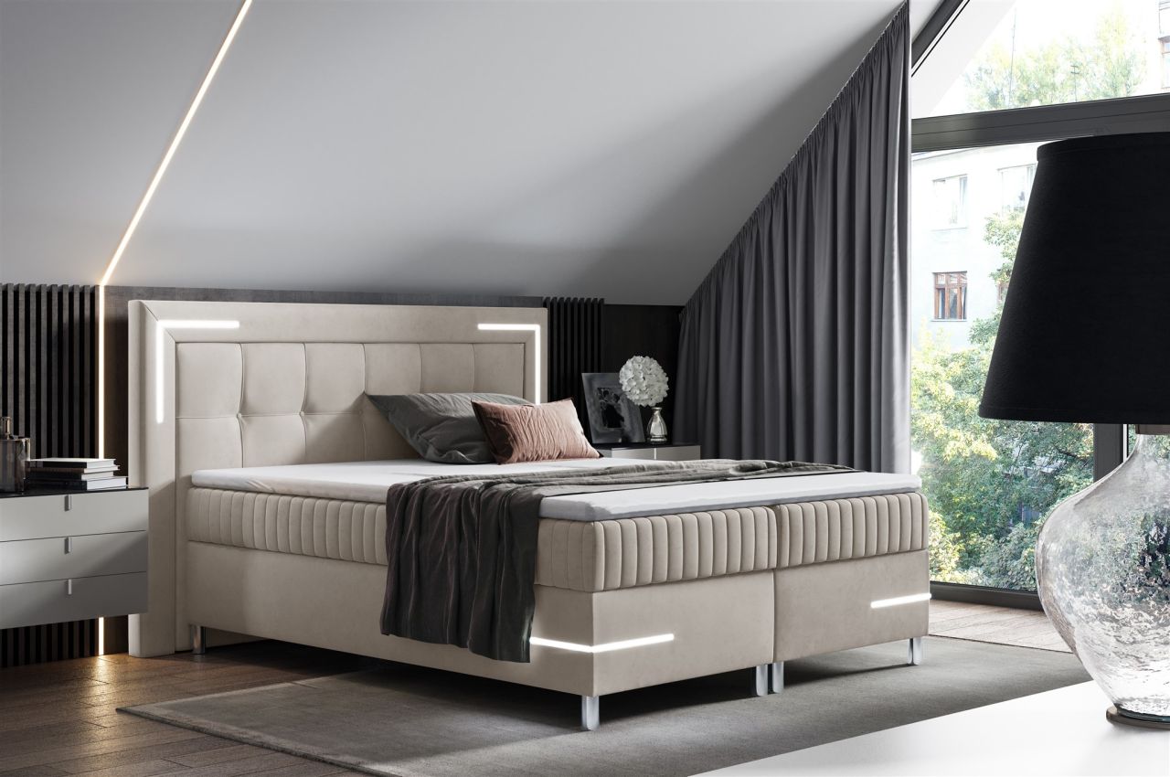 Boxspringbett Schlafzimmerbett 160x200cm AMORE Nr.1 Beige inkl. LED-Beleuchtung