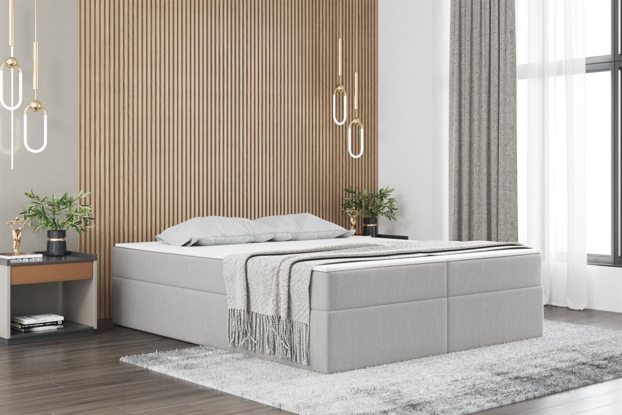 Boxspringbett Schlafzimmerbett PRIMA 140x200cm Stoff Hellgrau inkl. Bettkasten