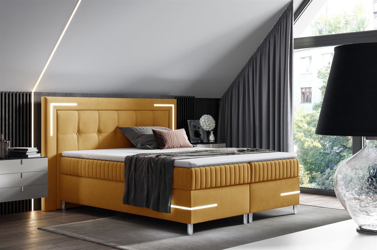 Boxspringbett Schlafzimmerbett 120x200cm AMORE Nr.1 Gelb inkl. LED-Beleuchtung