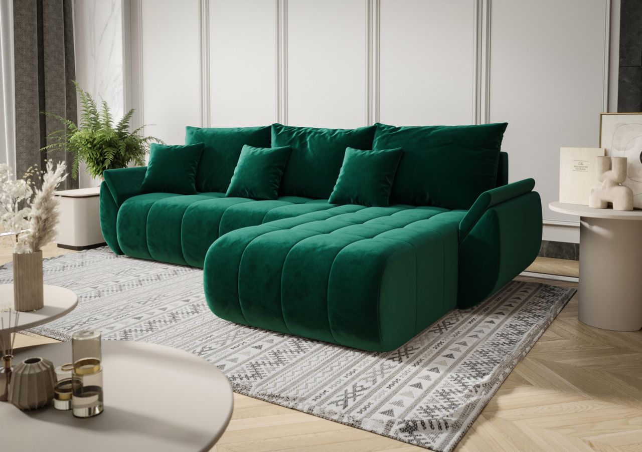 Ecksofa Schlafsofa AKITA Stoff Monolith Grün Ottomane Rechts