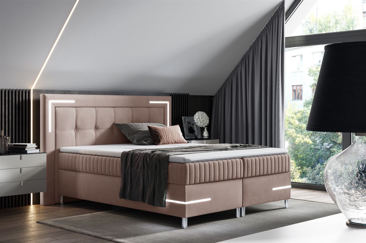 Boxspringbett Schlafzimmerbett 160x200cm AMORE Nr.1 Altrosa inkl. LED-Beleuch...