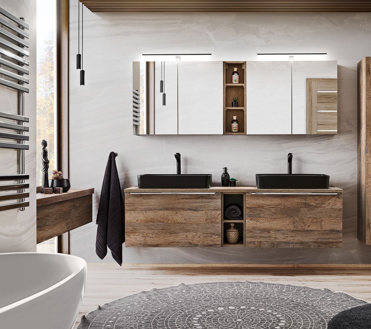 Badmöbel Set 6-tlg Badezimmerset AKAN Vintage Eiche Variante B ohne Waschtisch