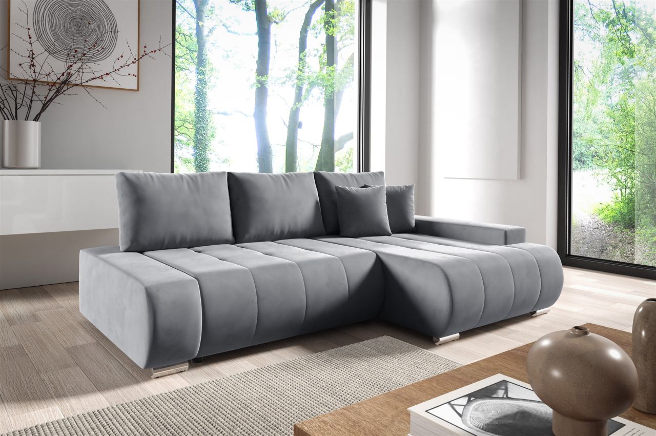 Ecksofa Schlafsofa ELMO Stoff Monolith Grau Ottomane Rechts