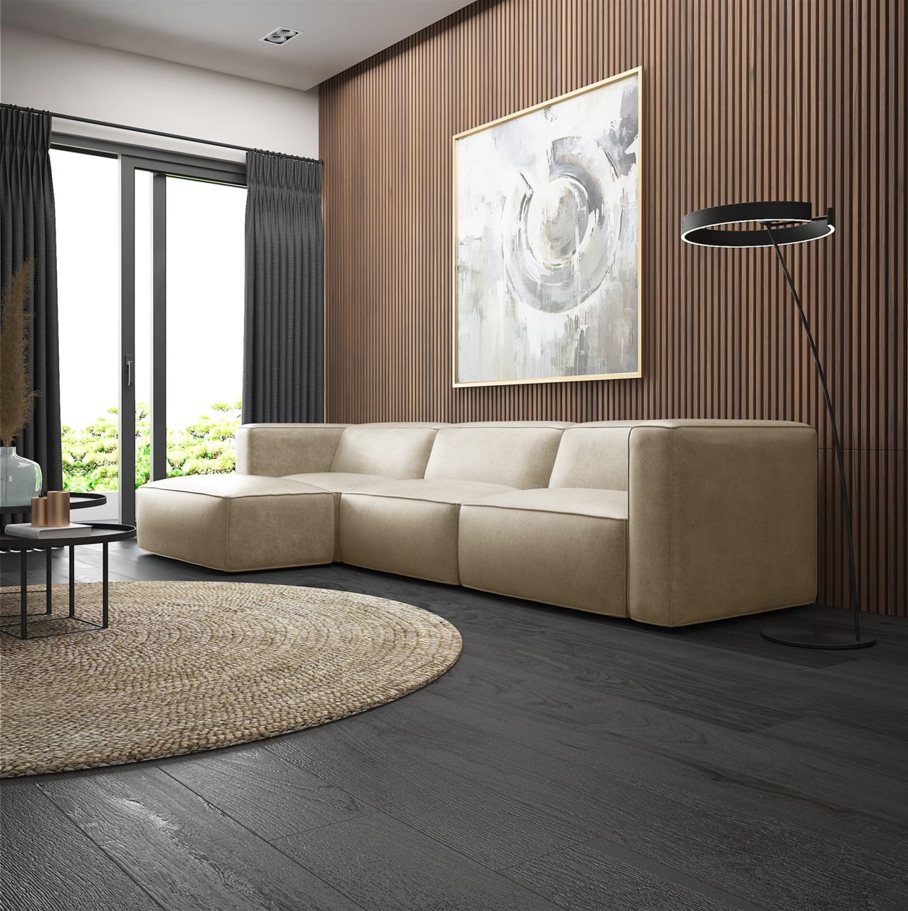 Ecksofa ersofa Sofa HELMER in Stoff Pola Beige Ottomane Links