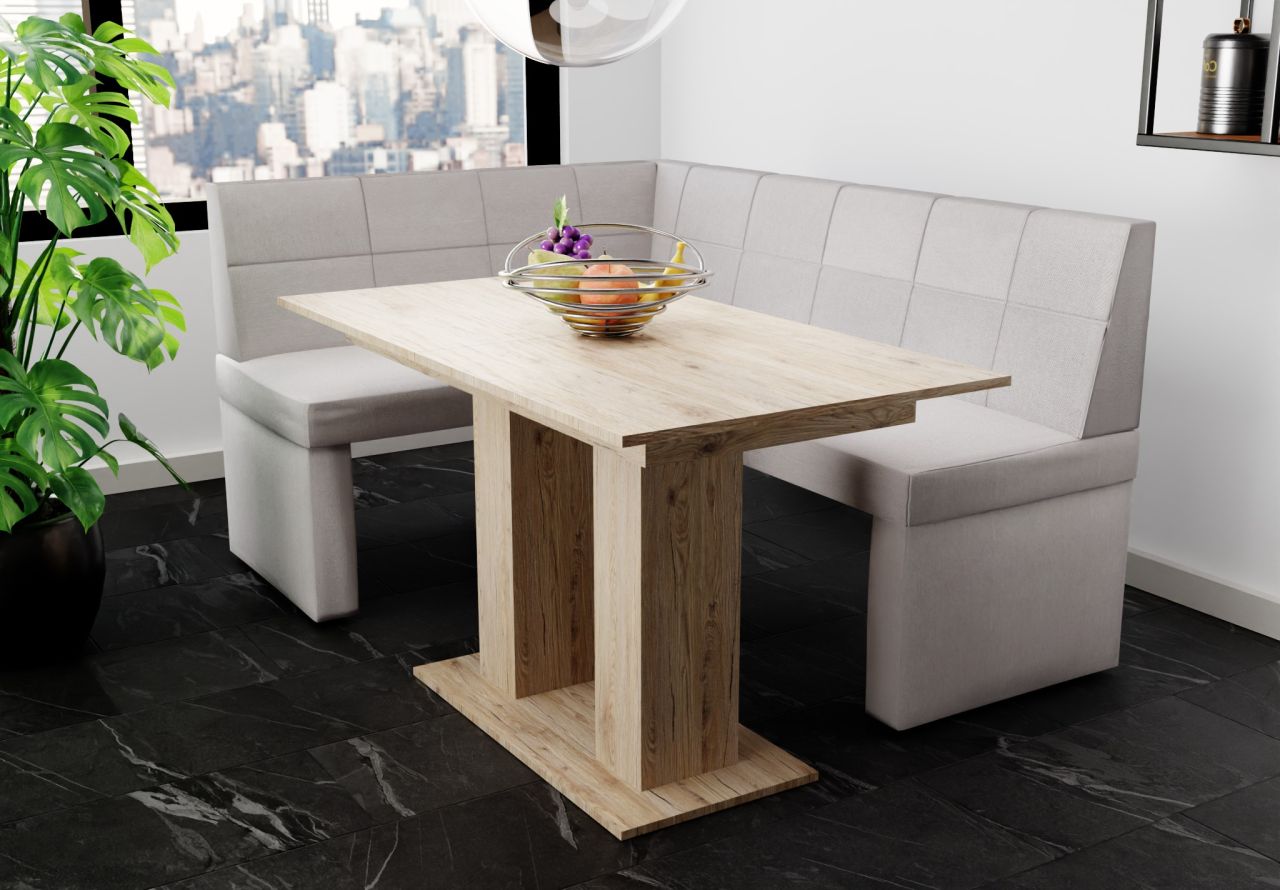 Eckbankgruppe 196x142 cm BLAKE XL R Stoff Soro Lichtgrau / Esstisch DANTE Sonoma