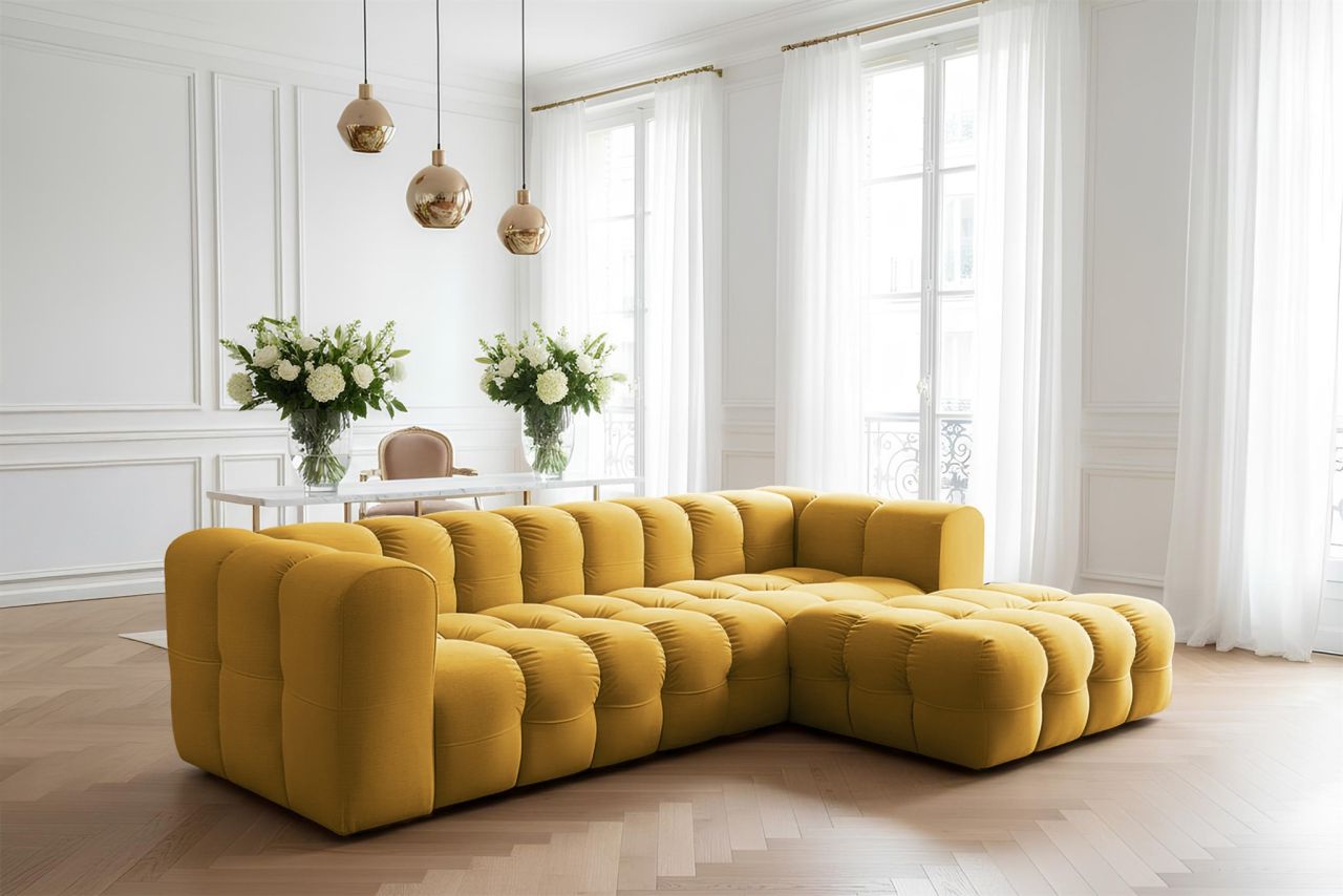 Ecksofa ersofa SOLVIE in Stoff Tiffani Honiggelb Ottomane Rechts