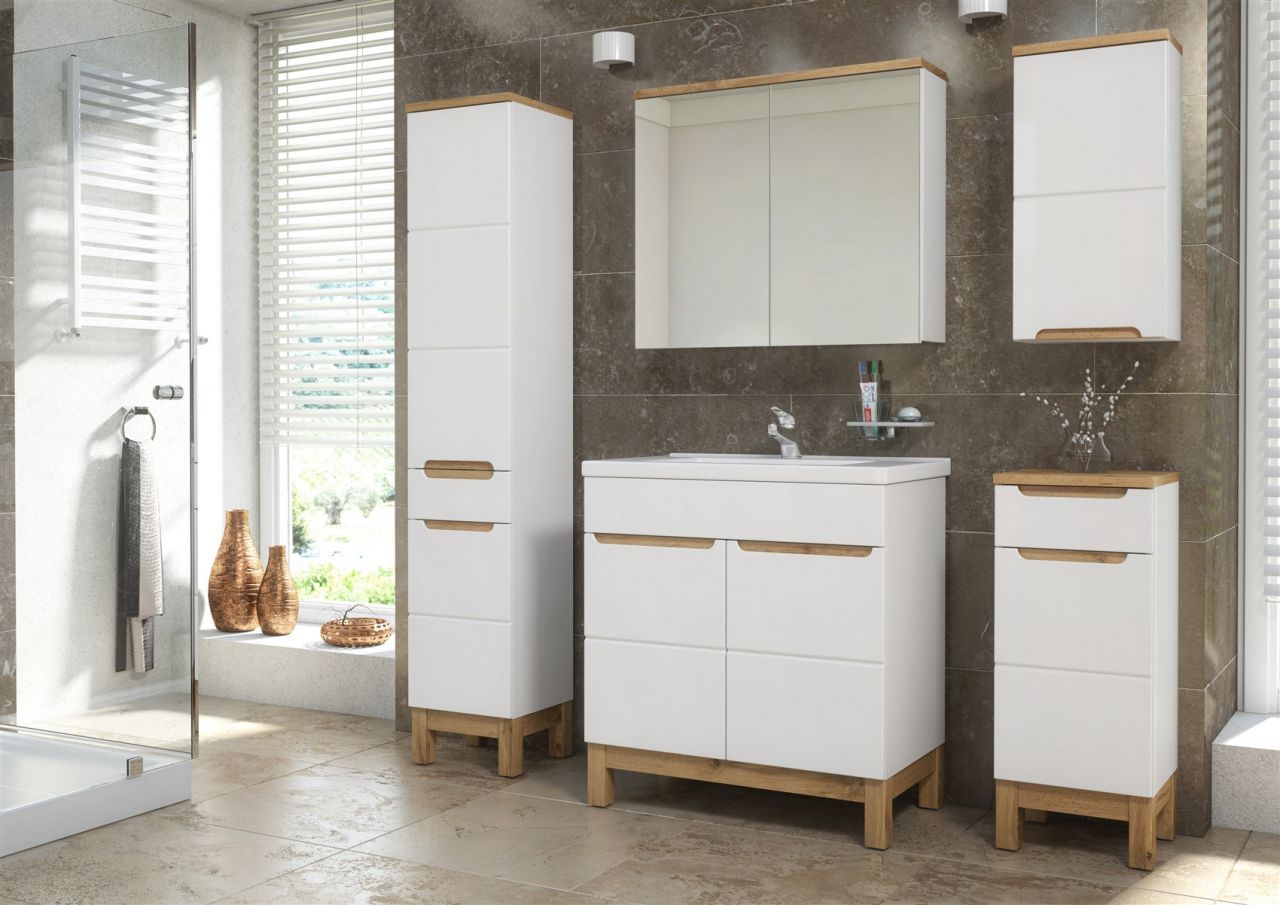 Badmöbel Set 5-tlg Badezimmerset DEVI Weiss HGL inkl.Waschtisch 80 cm