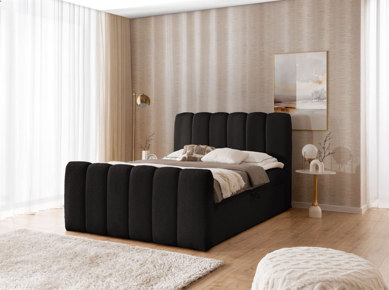 Boxspringbett Schlafzimmerbett DENIS PREMIUM 120x200cm Stoff Catch Me Schwarz
