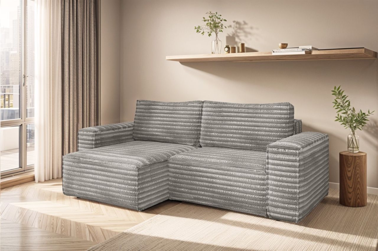 Ecksofa Schlafsofa MADLEN Stoff Velo Grau Ottomane Links