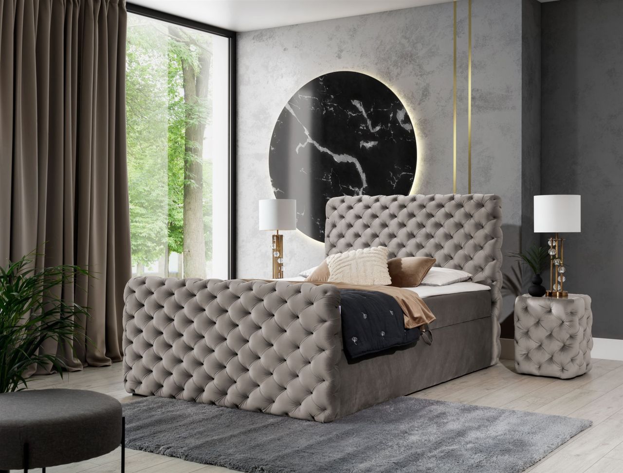 Boxspringbett Schlafzimmerbett HIMAL 160x200cm in Stoff Riviera Beige