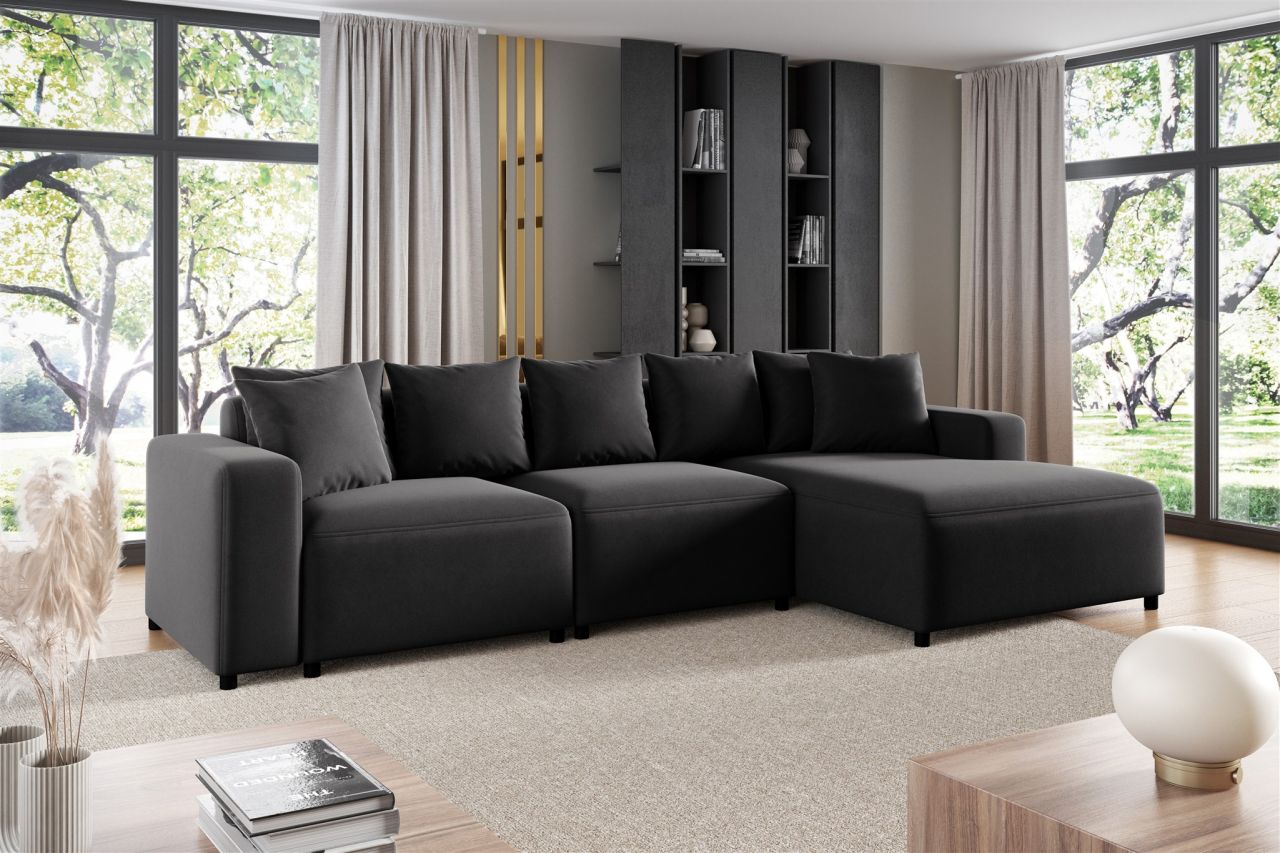 Ecksofa ersofa Sofa MEGAN in Stoff Salvador Schwarz Ottomane Rechts