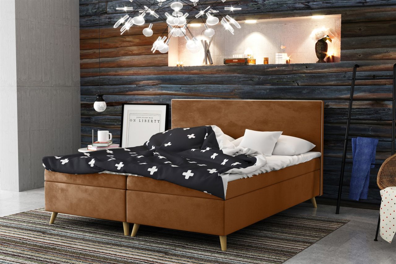 Boxspringbett Schlafzimmerbett Sileno 140x200cm in Stoff Riviera Orangebraun