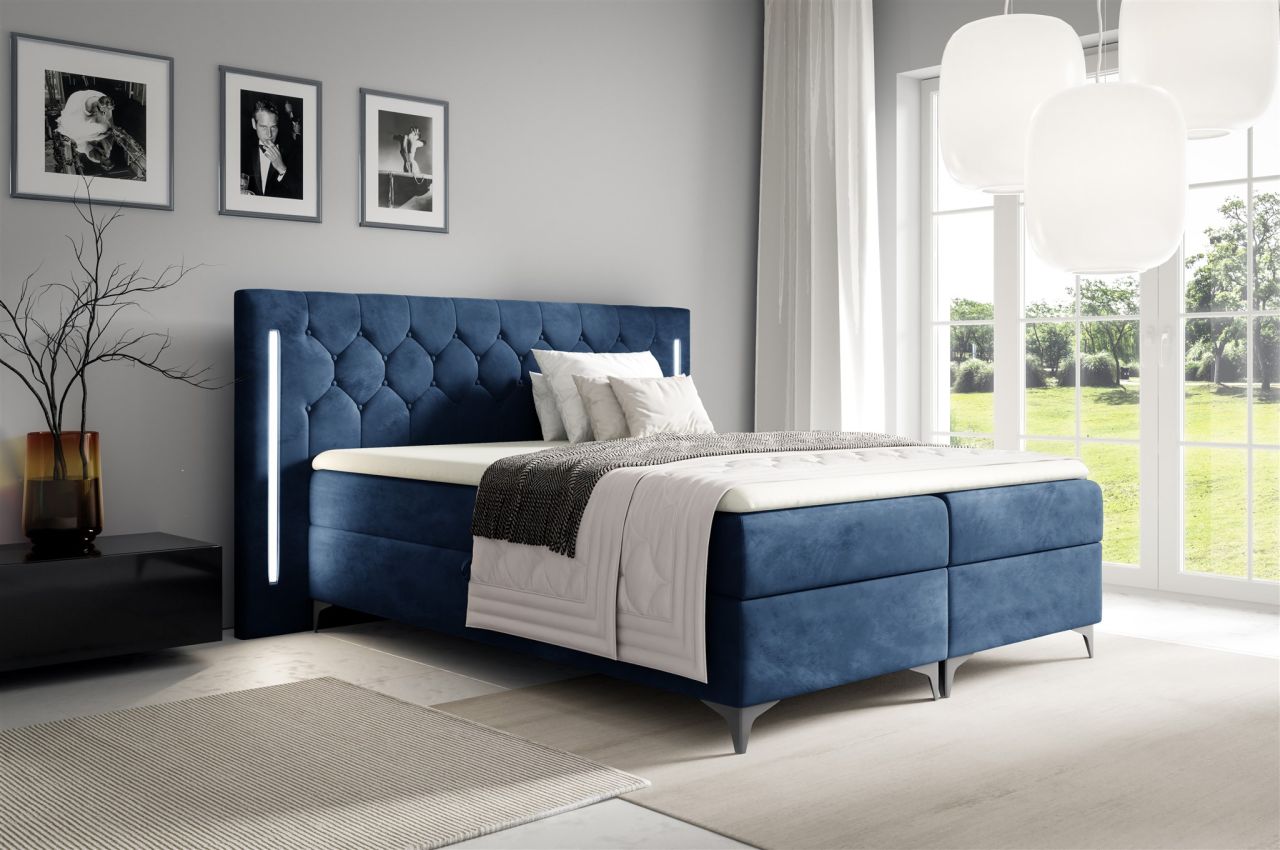 Boxspringbett Schlafzimmerbett ELODIE 200x200cm Dunkelblau inkl. Ambiente-LED