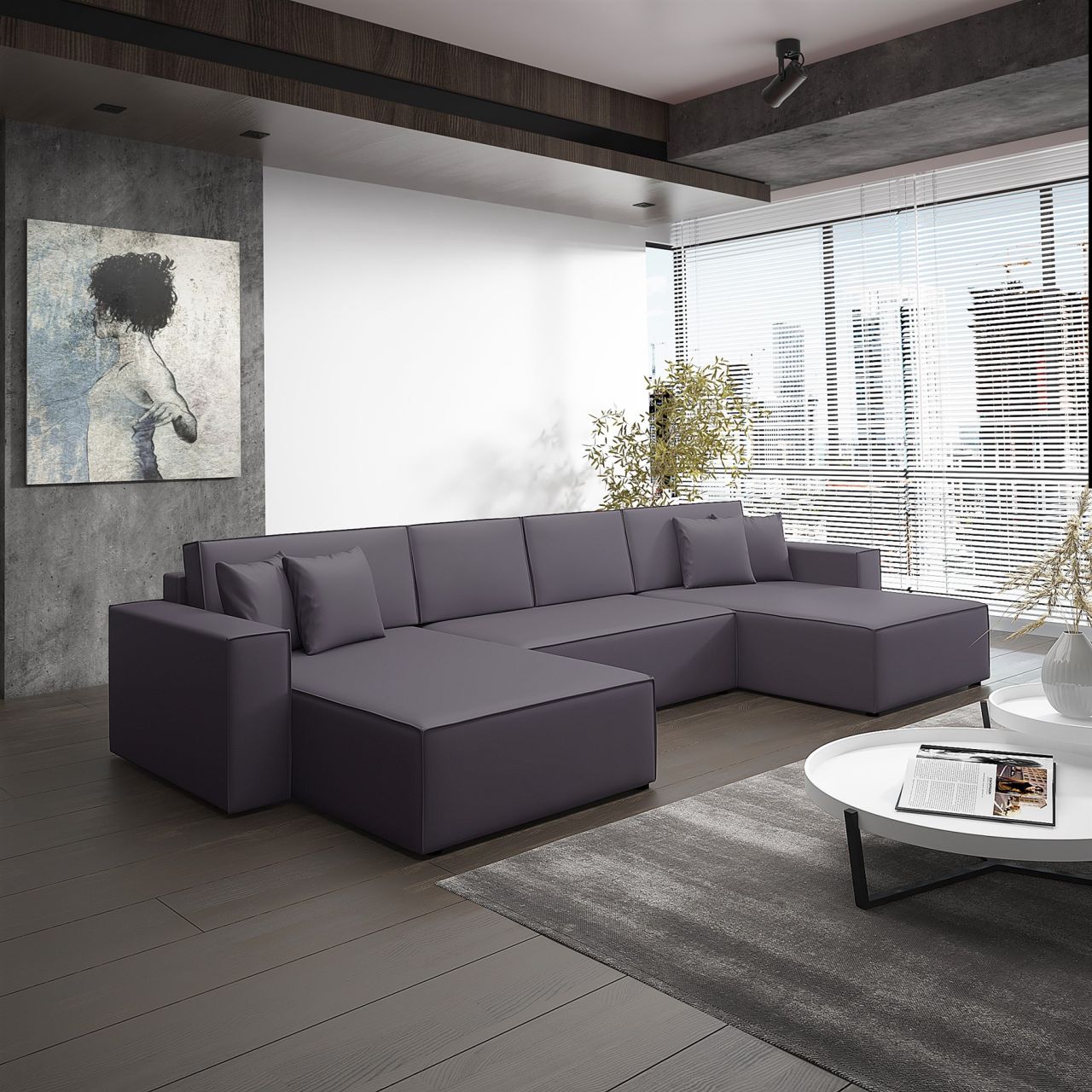 Wohnlandschaft Schlafsofa Sofa CONOR Kunstleder Grau