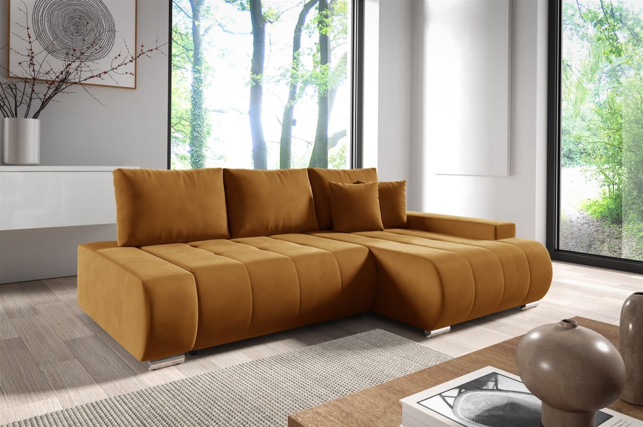 Ecksofa Schlafsofa ELMO Stoff Monolith Honiggelb Ottomane Rechts