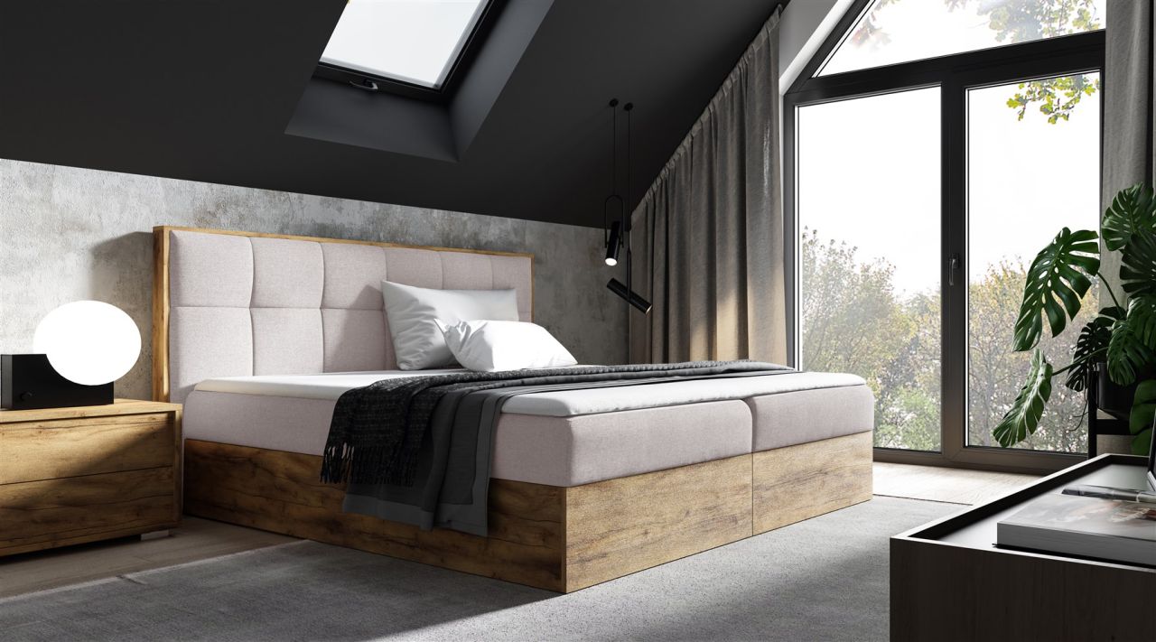 Boxspringbett Bett THANOS 120x220cm Lancelot Eiche Stoff Hellbeige inkl. Bett...