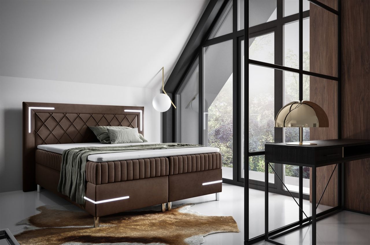 Boxspringbett Schlafzimmerbett 120x200cm AMORE Nr.3 Braun inkl. LED-Beleuchtung