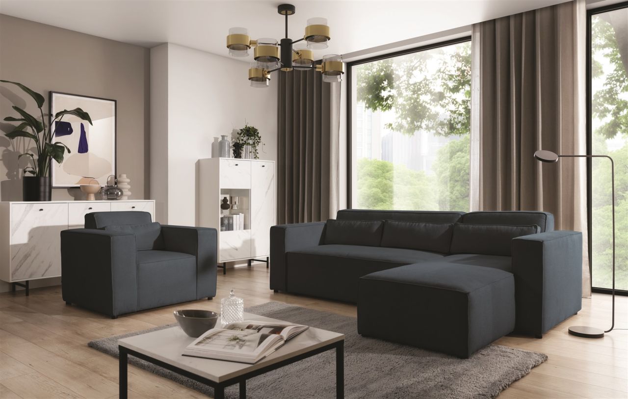 Ecksofa Schlafsofa inkl. Sessel WALDO Stoff Brooklyn Meeresblau Ottomane Rechts