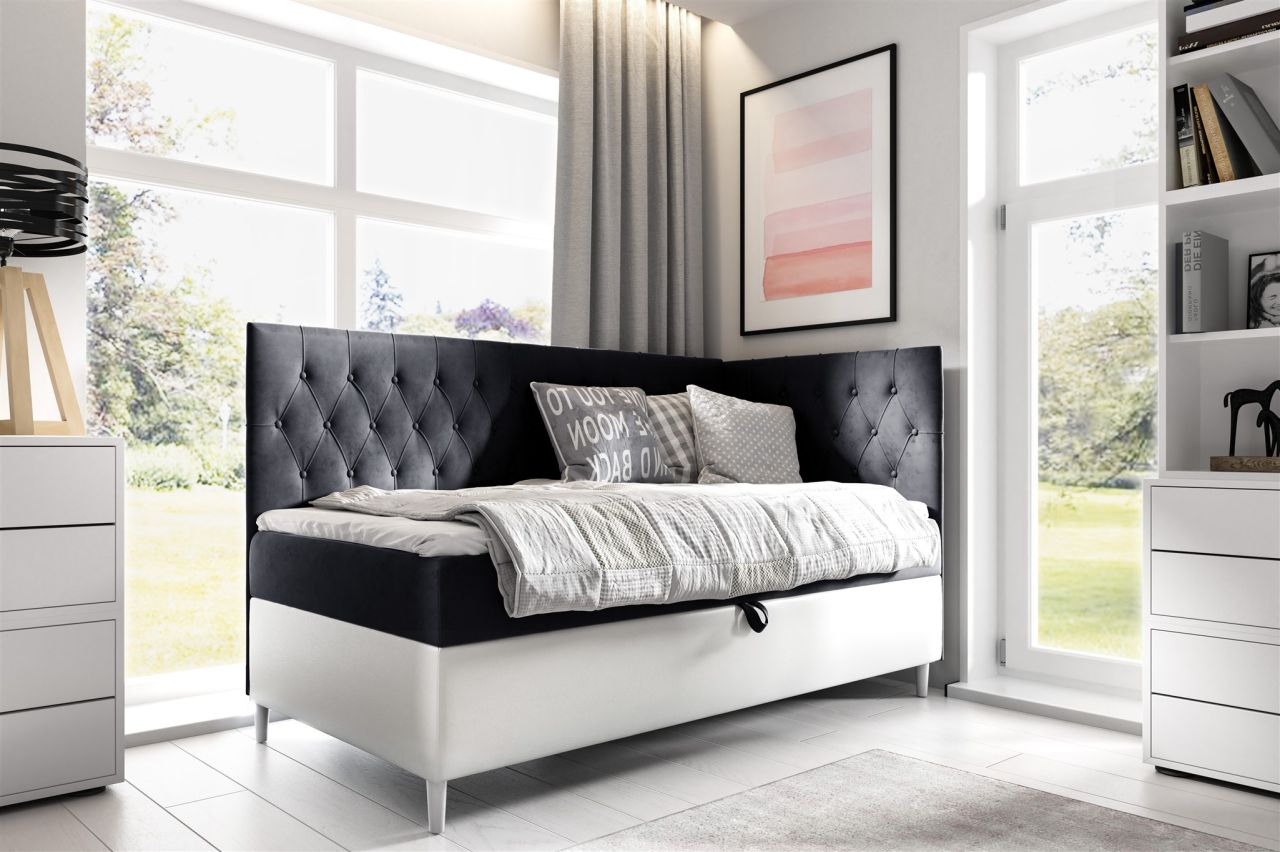 Boxspringbett Gästebett Kinderbett FINJA Nr.3 90x200cm Weiss-Schwarz Seite Re...