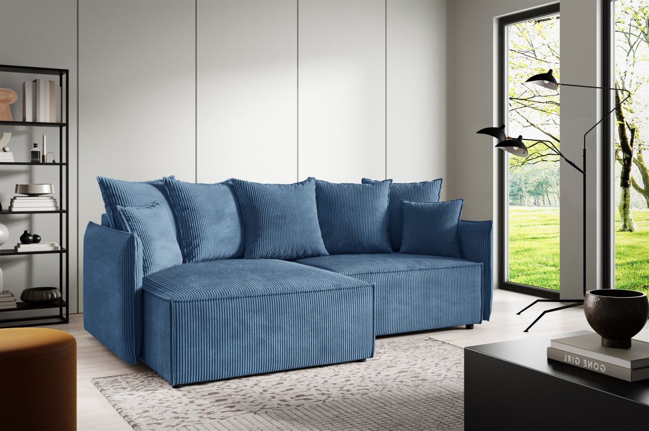 Ecksofa Schlafsofa Sofa MINEA in Stoff Poso Blau Ottomane Links