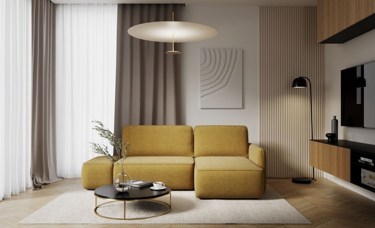 Ecksofa mit Schlaffunktion Sofa LUKA in Stoff Cremona Honiggelb Ottomane Rechts